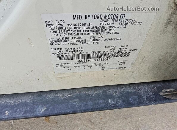 MAJ3S2GE1LC352047 2020 FORD ECOSPORT White VIN კოდის სტიკერის ხედი