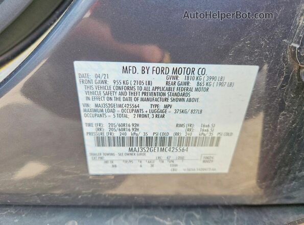 MAJ3S2GE1MC425564 2021 FORD ECOSPORT Gray VIN კოდის სტიკერის ხედი