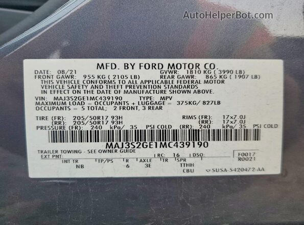 MAJ3S2GE1MC439190 2021 FORD ECOSPORT Gray Widok wnętrza 360 stopni