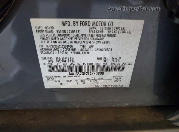 MAJ3S2GE2LC370900 2020 FORD ECOSPORT Gray VIN sticker view