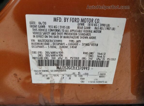 MAJ3S2GE2LC370993 2020 FORD ECOSPORT Оранжевый Вид наклейки с VIN-кодом