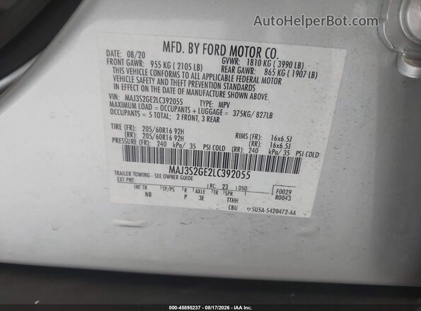 MAJ3S2GE2LC392055 2020 FORD ECOSPORT Gray Engine compartment view