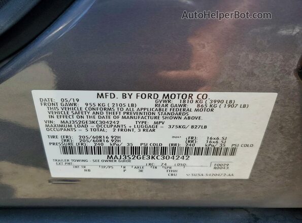 MAJ3S2GE3KC304242 2019 FORD ECOSPORT Gray Vista de la etiqueta del VIN