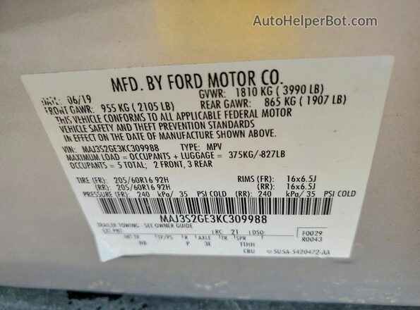 MAJ3S2GE3KC309988 2019 FORD ECOSPORT Silver VIN კოდის სტიკერის ხედი