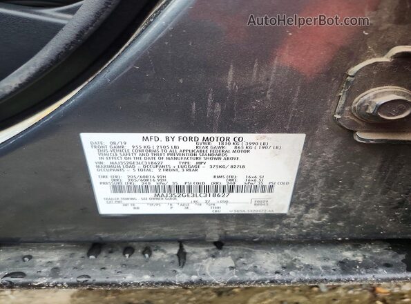 MAJ3S2GE3LC318627 2020 FORD ECOSPORT Gray VIN კოდის სტიკერის ხედი