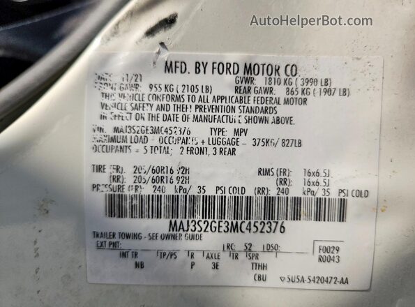 MAJ3S2GE3MC452376 2021 FORD ECOSPORT White Панорамний вид салону 360°