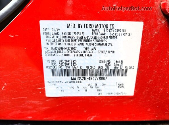 MAJ3S2GE4KC278007 2019 FORD ECOSPORT Red VIN კოდის სტიკერის ხედი