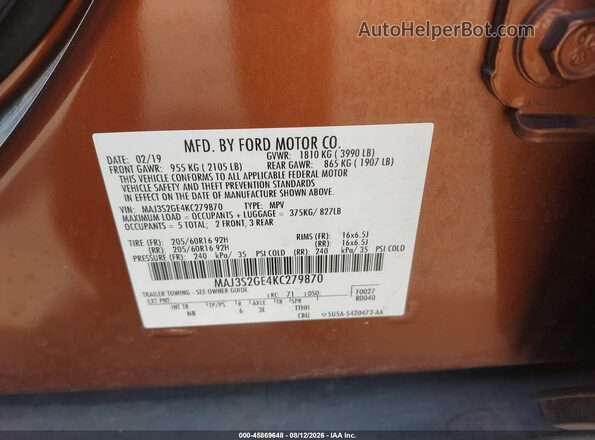 MAJ3S2GE4KC279870 2019 FORD ECOSPORT Оранжевый Вид подкапотного пространства