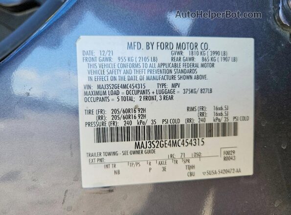 MAJ3S2GE4MC454315 2021 FORD ECOSPORT Gray 
