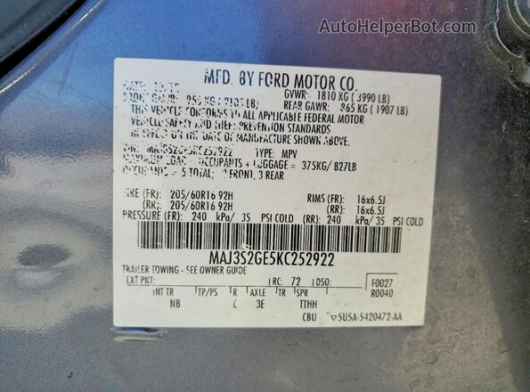 MAJ3S2GE5KC252922 2019 FORD ECOSPORT Gray ძრავის განყოფილების ხედი