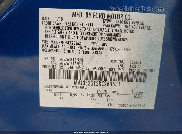 MAJ3S2GE5KC263631 2019 FORD ECOSPORT Синий Вид подкапотного пространства