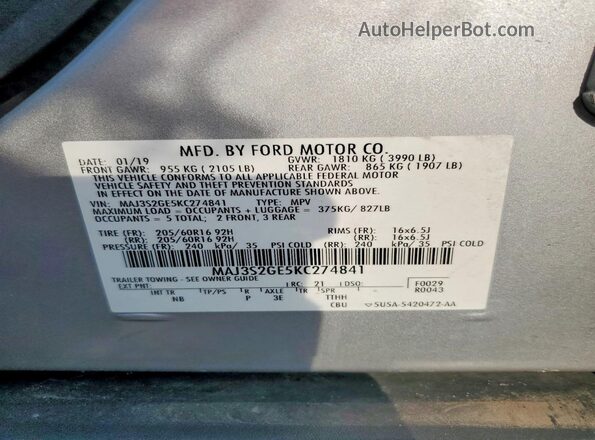 MAJ3S2GE5KC274841 2019 FORD ECOSPORT Gray VIN sticker view