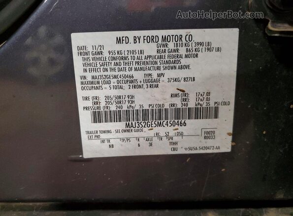 MAJ3S2GE5MC450466 2021 FORD ECOSPORT Charcoal VIN կոդի պիտակի տեսք