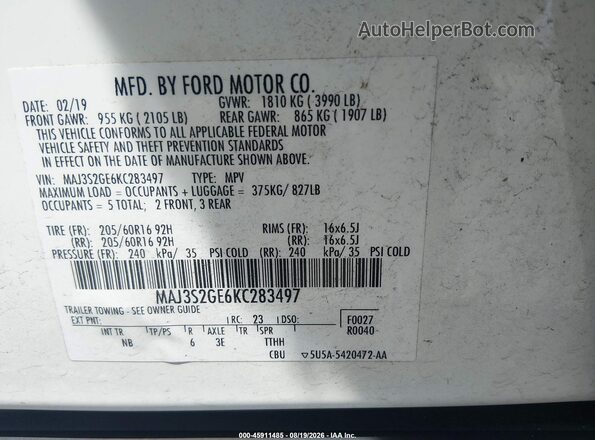 MAJ3S2GE6KC283497 2019 FORD ECOSPORT White ძრავის განყოფილების ხედი