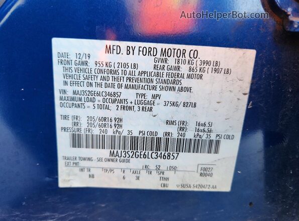 MAJ3S2GE6LC346857 2020 FORD ECOSPORT Blue Вид наклейки з VIN-кодом