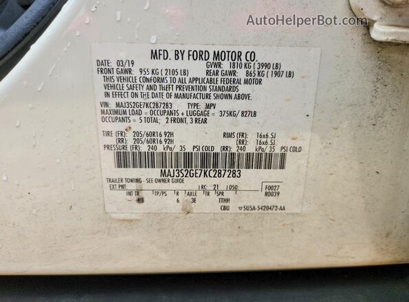 MAJ3S2GE7KC287283 2019 FORD ECOSPORT White VIN կոդի պիտակի տեսք