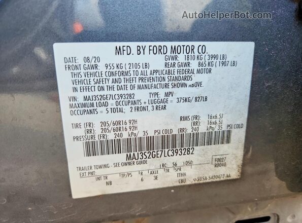 MAJ3S2GE7LC393282 2020 FORD ECOSPORT Gray VIN կոդի պիտակի տեսք