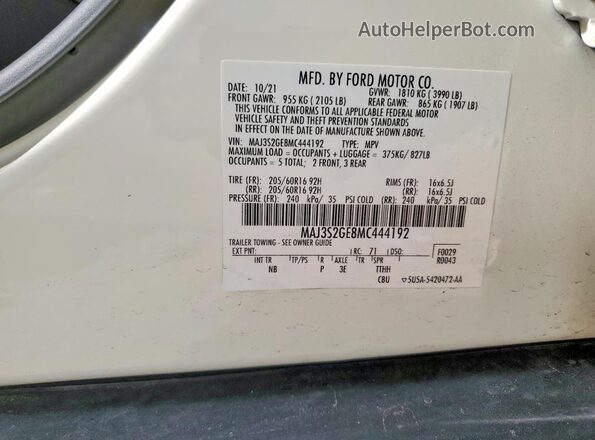 MAJ3S2GE8MC444192 2021 FORD ECOSPORT White VIN sticker view