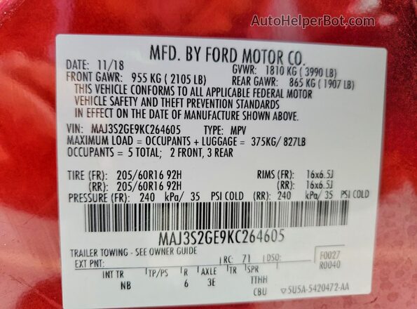MAJ3S2GE9KC264605 2019 FORD ECOSPORT Red Widok naklejki z numerem VIN