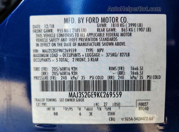 MAJ3S2GE9KC269559 2019 FORD ECOSPORT Blue Vista de la etiqueta del VIN