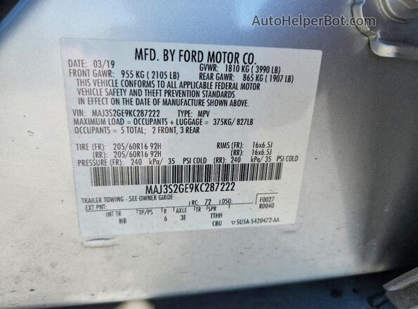 MAJ3S2GE9KC287222 2019 FORD ECOSPORT Silver Вид підкапотного простору