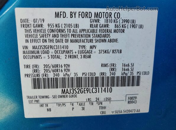 MAJ3S2GE9LC311410 2020 FORD ECOSPORT Blue Սալոնի 360 աստիճան տեսք