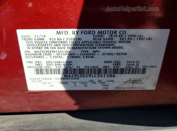 MAJ3S2GE9LC341586 2020 FORD ECOSPORT Red VIN sticker view