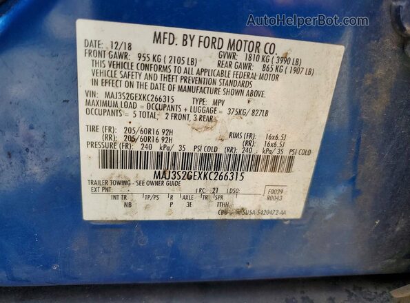MAJ3S2GEXKC266315 2019 FORD ECOSPORT Blue Widok naklejki z numerem VIN