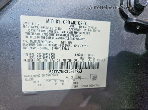 MAJ3S2GEXLC341953 2020 FORD ECOSPORT Gray Vista de la etiqueta del VIN