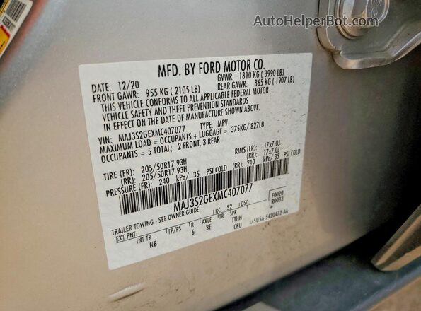 MAJ3S2GEXMC407077 2021 FORD ECOSPORT Silver Панорамний вид салону 360°