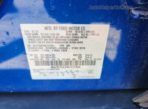 MAJ3S2GEXMC431864 2021 FORD ECOSPORT Blue VIN կոդի պիտակի տեսք