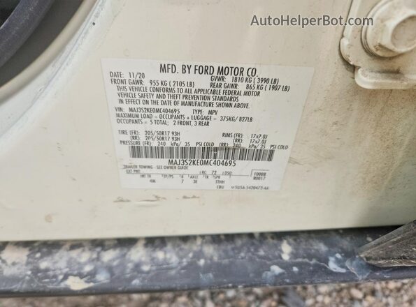 MAJ3S2KE0MC404695 2021 FORD ECOSPORT White VIN კოდის სტიკერის ხედი