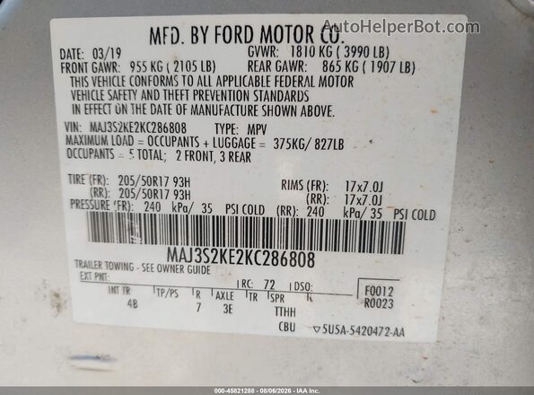 MAJ3S2KE2KC286808 2019 FORD ECOSPORT Gray Vista del compartimento del motor
