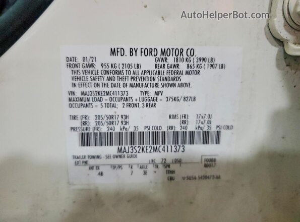 MAJ3S2KE2MC411373 2021 FORD ECOSPORT White VIN კოდის სტიკერის ხედი