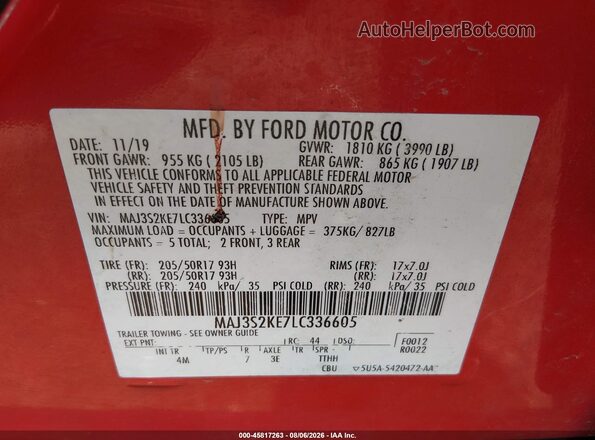 MAJ3S2KE7LC336605 2020 FORD ECOSPORT Red ძრავის განყოფილების ხედი