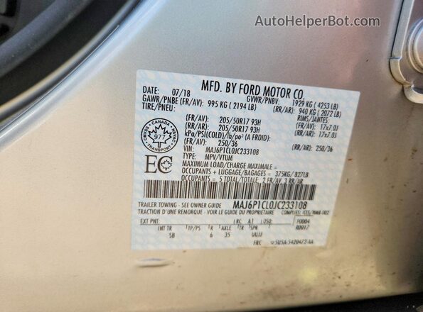 MAJ6P1CL0JC233108 2018 FORD ECOSPORT Silver VIN sticker view
