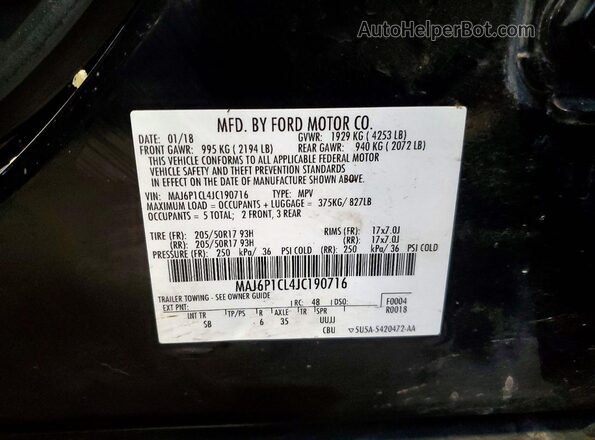 MAJ6P1CL4JC190716 2018 FORD ECOSPORT Black Widok naklejki z numerem VIN