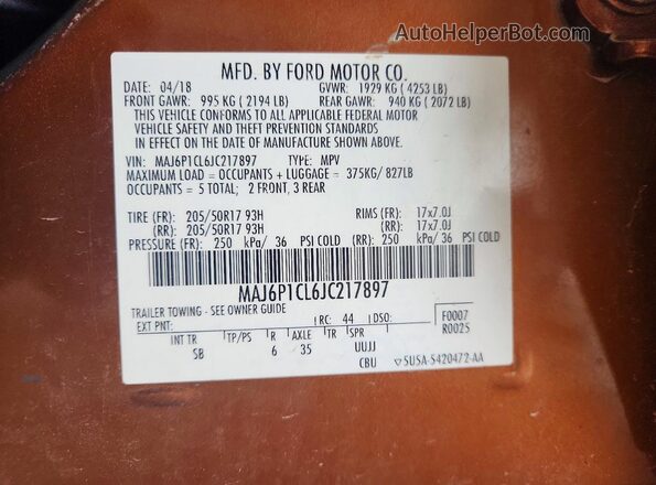MAJ6P1CL6JC217897 2018 FORD ECOSPORT Orange VIN sticker view
