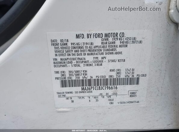 MAJ6P1CL8JC196616 2018 FORD ECOSPORT White Շարժիչի բաժամունքի տեսք