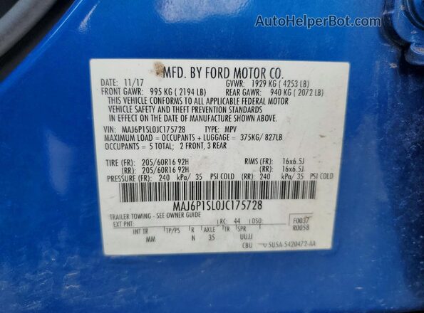 MAJ6P1SL0JC175728 2018 FORD ECOSPORT Blue VIN կոդի պիտակի տեսք