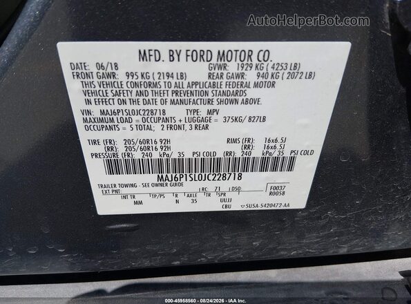MAJ6P1SL0JC228718 2018 FORD ECOSPORT Gray Widok komory silnika