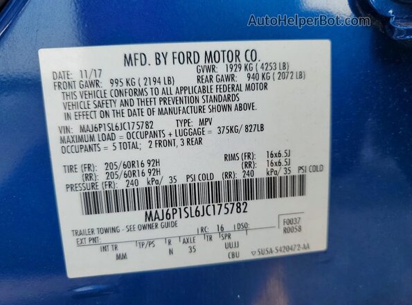 MAJ6P1SL6JC175782 2018 FORD ECOSPORT Blue Widok naklejki z numerem VIN