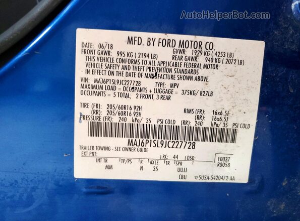 MAJ6P1SL9JC227728 2018 FORD ECOSPORT Blue VIN sticker view