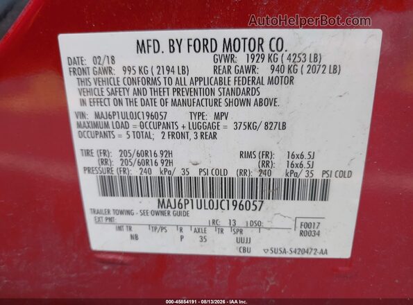 MAJ6P1UL0JC196057 2018 FORD ECOSPORT Red Engine compartment view
