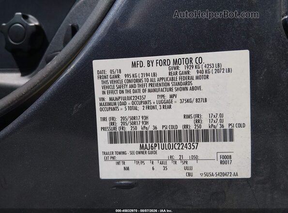 MAJ6P1UL0JC224357 2018 FORD ECOSPORT Gray Engine compartment view