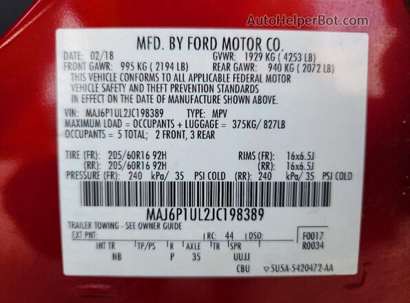 MAJ6P1UL2JC198389 2018 FORD ECOSPORT Red VIN კოდის სტიკერის ხედი