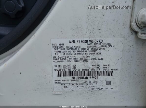 MAJ6P1UL3JC197994 2018 FORD ECOSPORT Белый Вид подкапотного пространства