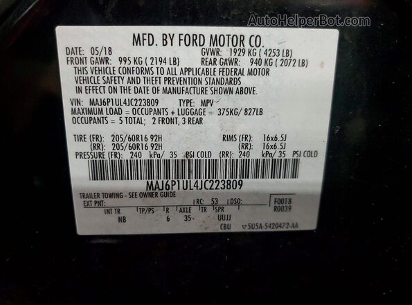 MAJ6P1UL4JC223809 2018 FORD ECOSPORT Черный Вид подкапотного пространства