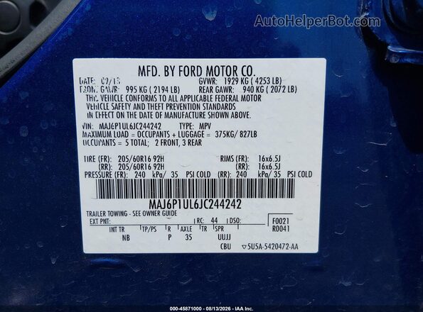 MAJ6P1UL6JC244242 2018 FORD ECOSPORT Blue Vista del compartimento del motor