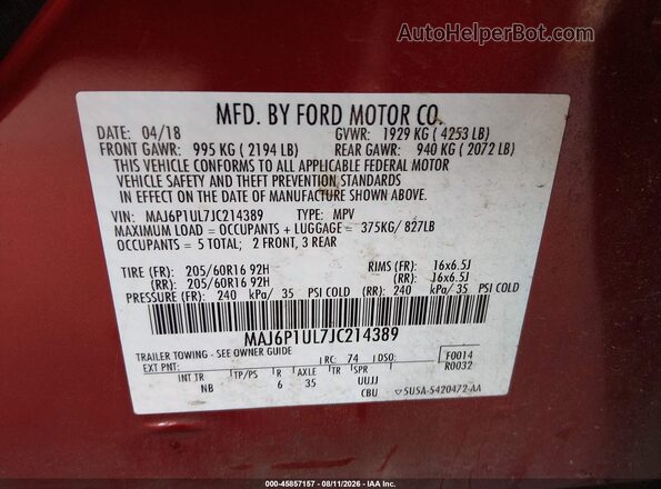 MAJ6P1UL7JC214389 2018 FORD ECOSPORT Red ძრავის განყოფილების ხედი
